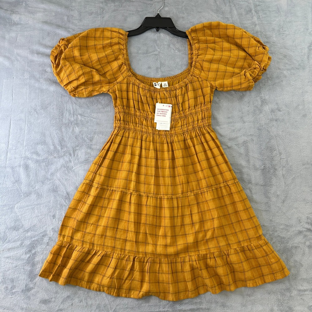 NWT Roxy Buckthorn Brown Plaid Smocked Tiered Puff Sleeve Mini Dress Small